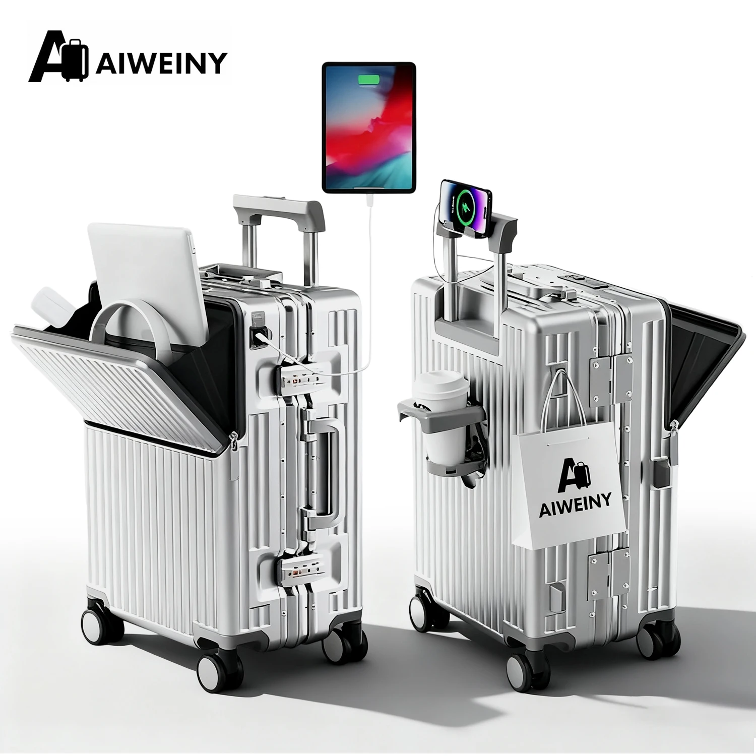 AIWEINY 2025 Mala de viagem rígida com estrutura em alumínio, resistente à pressão, com rodas omnidirecionais silenciosas de 360°, suporte para copos e prateleira, com fechadura TSA.