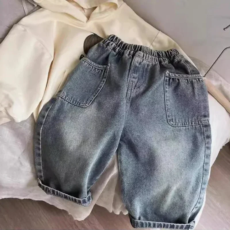 용수철 및 가을 어린이 바지, 단색 어린이 스트레이트 청바지, 소년 루즈 캐주얼 데님 바지, 2025 신상 패션
