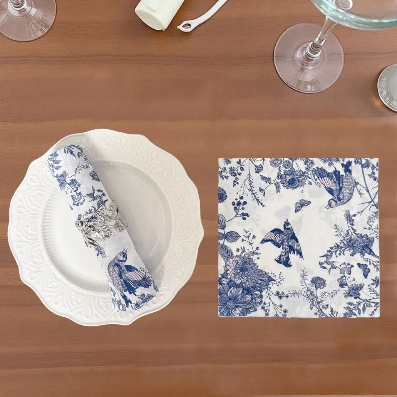10/20pcs 33cm 2Layer Chinese Style Blue Flower and Bird Print Party Tissue Decoration Colored Paper Placemat DIY Decoupage Paper