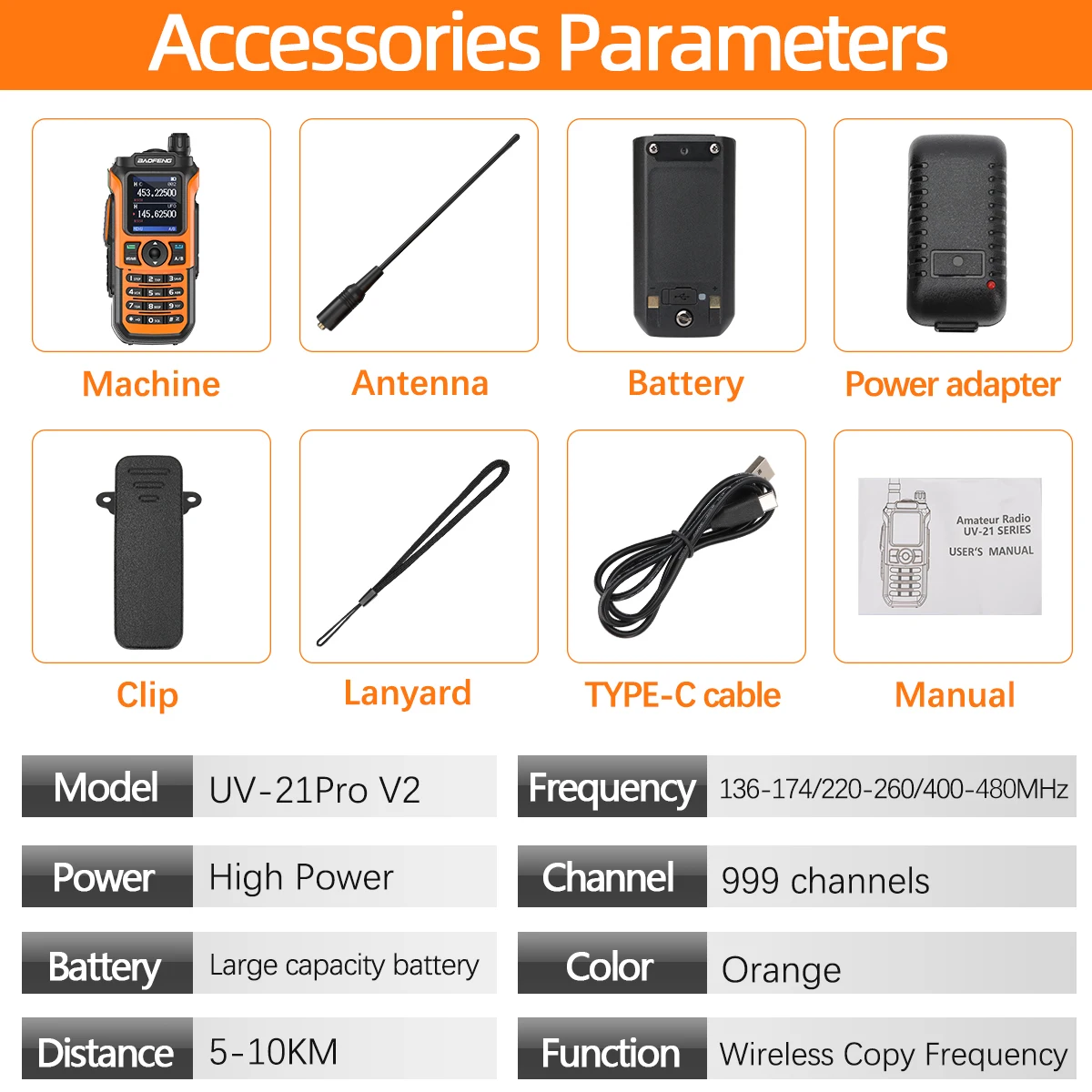 2x Baofeng UV-21 PRO Walkie Talkie Long Range Wireless Copy Frequency Typ-C Ladegerät Tri Band Leistungsstarkes wasserdichtes Funkgerät
