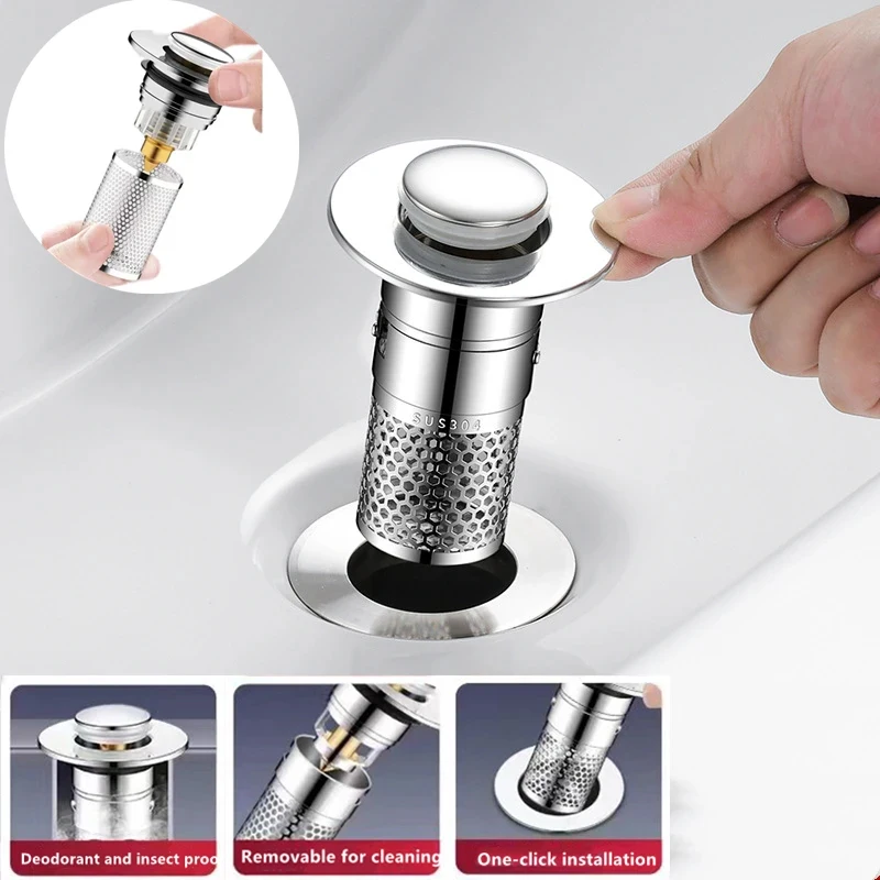 Tapón de fuga para lavabo, filtro de drenaje de suelo ABS, antiolor, rebote emergente, tapón para lavabo, colador para fregadero de pelo