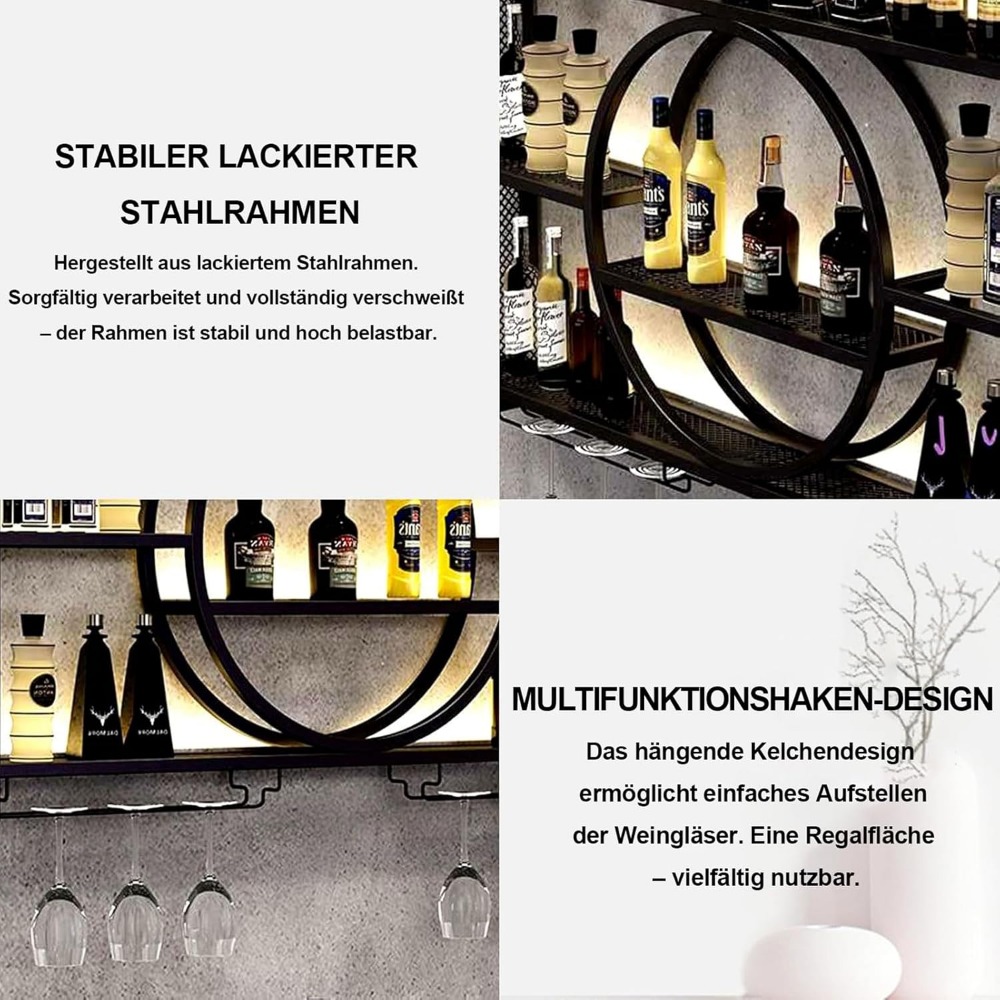 39" upgrade metal wall mounted wine rack with led lighting 3-tier large capacity hanging bar shelf wall bar cabinet mini bar for