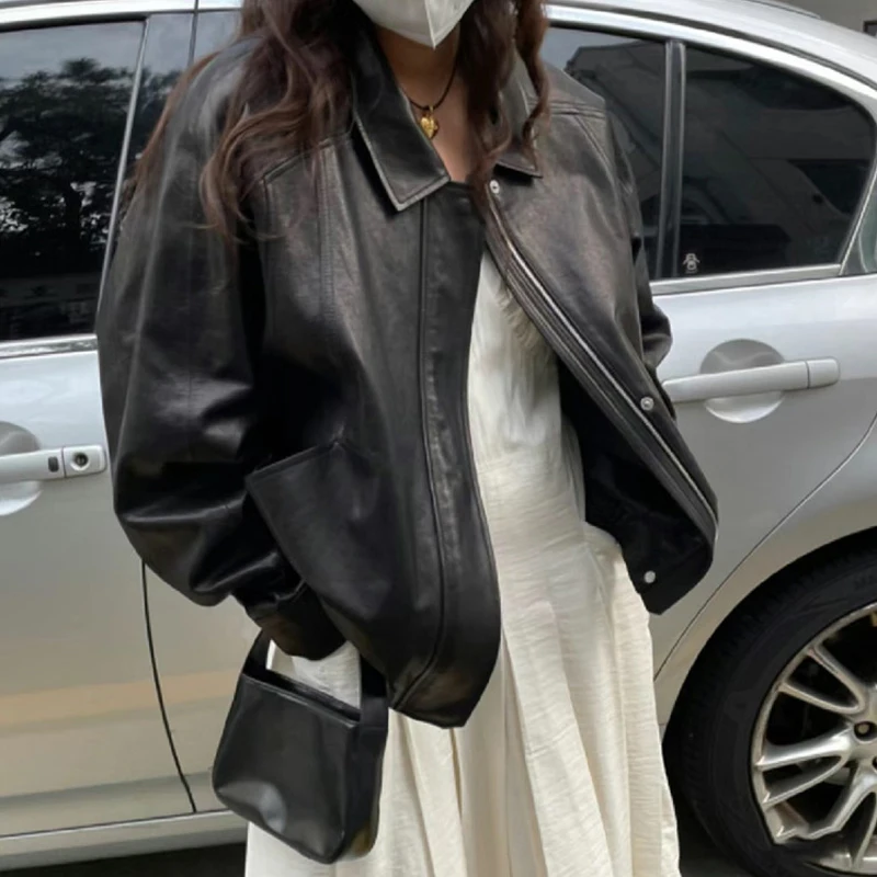 2025 automne paresseux rétro moto Style veste en peau de mouton mode lâche femmes décontracté noir/café en cuir véritable surdimensionné veste manteau