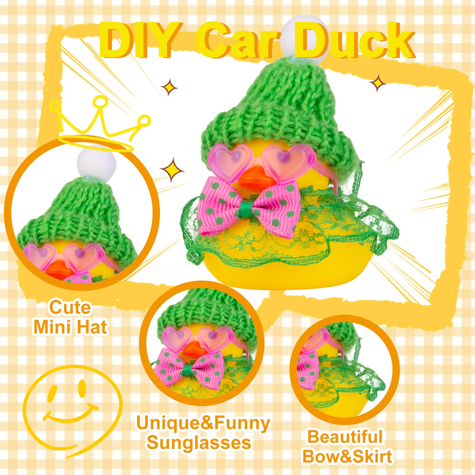 Car Dashboard Rubber Duck Ornamento, Decoração com Mini Hat, Óculos De Sol E Saia, 1 Conjunto