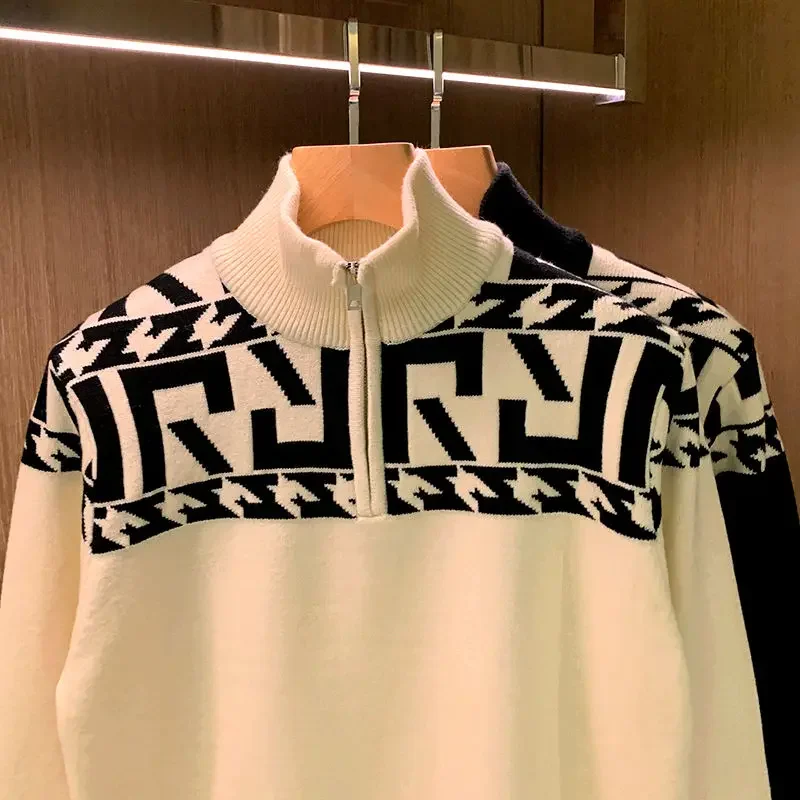 Homem roupas colarinho zip-up blusas de malha para homens jaqueta pulôveres gráficos casaco com zíper maletria moda coreana grande tamanho