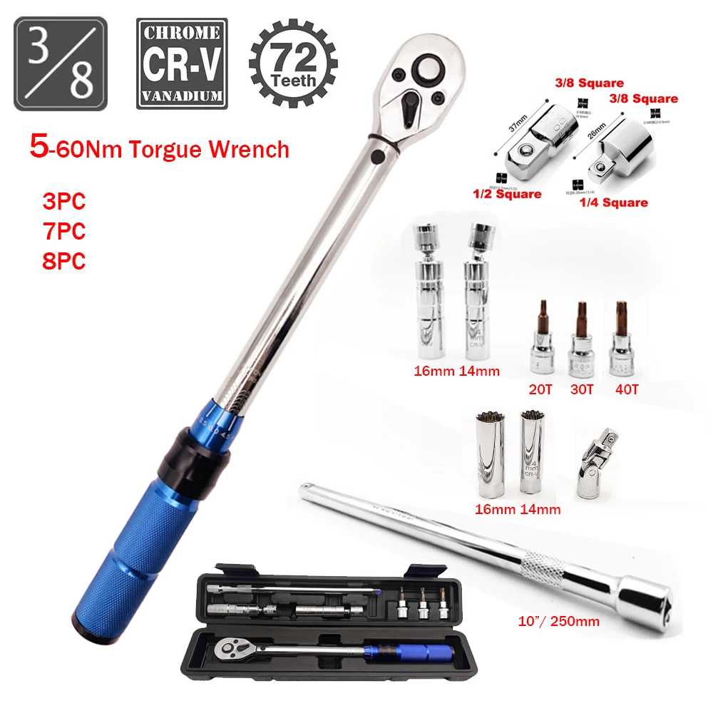 3/8" 5-60N.m Square Drive ±3% High Precision Torque Wrench 1pc 3pcs 7pcs 8pcs Set Bicycle Motorcycle Automotive IDY Hand Tools
