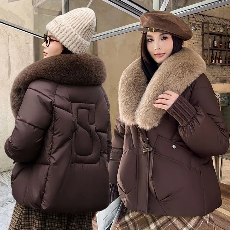 Frauen Winter Große Pelz Kragen Warm Verdicken Baumwolle Gefütterte Jacke 2025, Neue Frauen Lose Brot Mantel Frauen Baumwolle Mantel Winter outwear