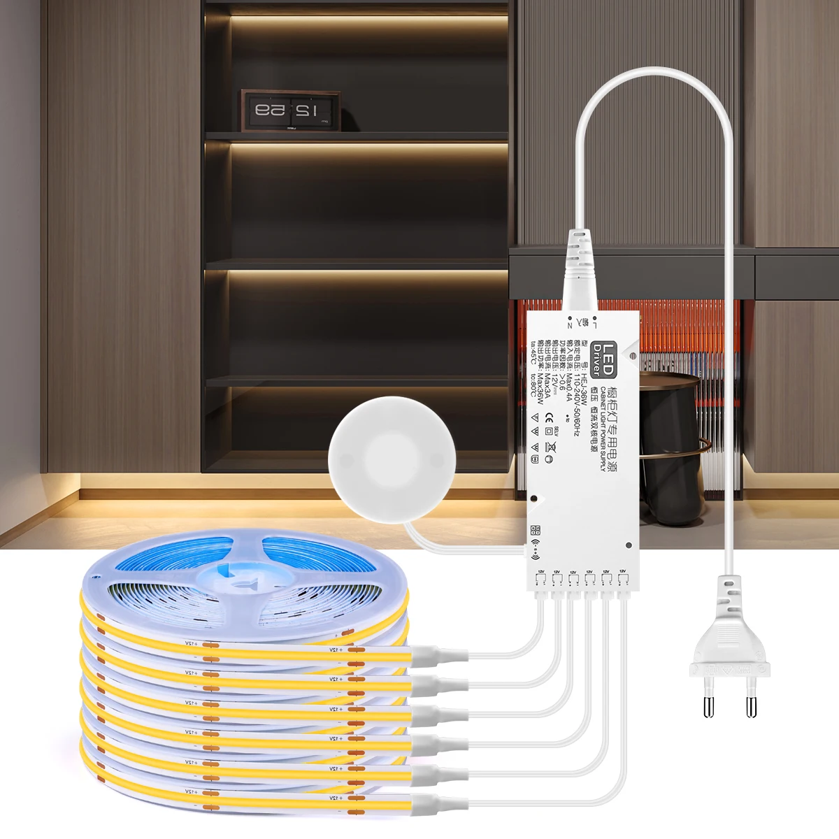 COB LED Strip Light com Sensor de Movimento, Lâmpada do Armário, Display, Touch Dimmer, Estante, Guarda-Roupa, Lâmpada do Armário de Madeira, Sob Gabinete Coleção, 1-6Pcs