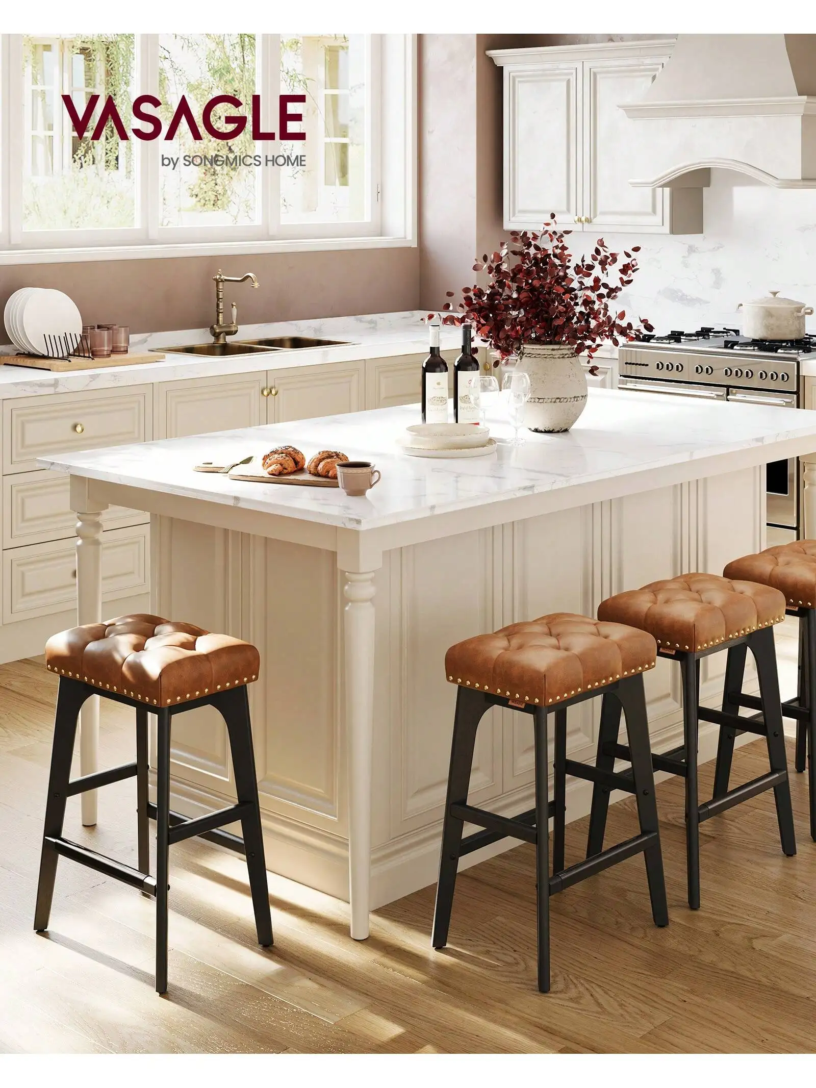 VASAGLE Bar Stools Set Of 2, Counter Height Saddle Bar Stools, 26-Inch Backless Kitchen Stools With Wood Legs, PU Leather Thi