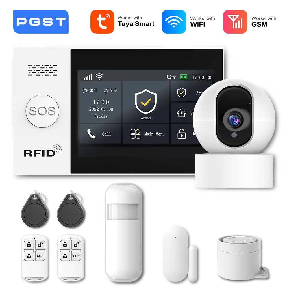 Pgst 2g gsm tuya sem fio casa wifi segurança em casa com sensor detector de movimento sistema de alarme contra roubo controle app suporte alexa