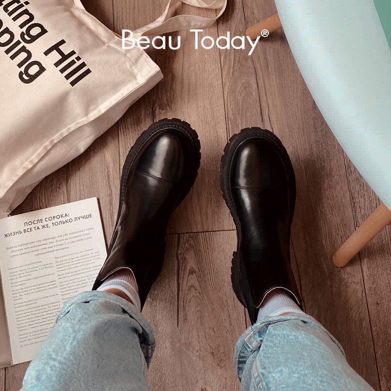 BeauToday Mắt Cá Chân Giày Nền Tảng Nữ Da Bò Giày Chelsea Boot Mũi Tròn Thun Đế Dày Nữ Handmade 02379