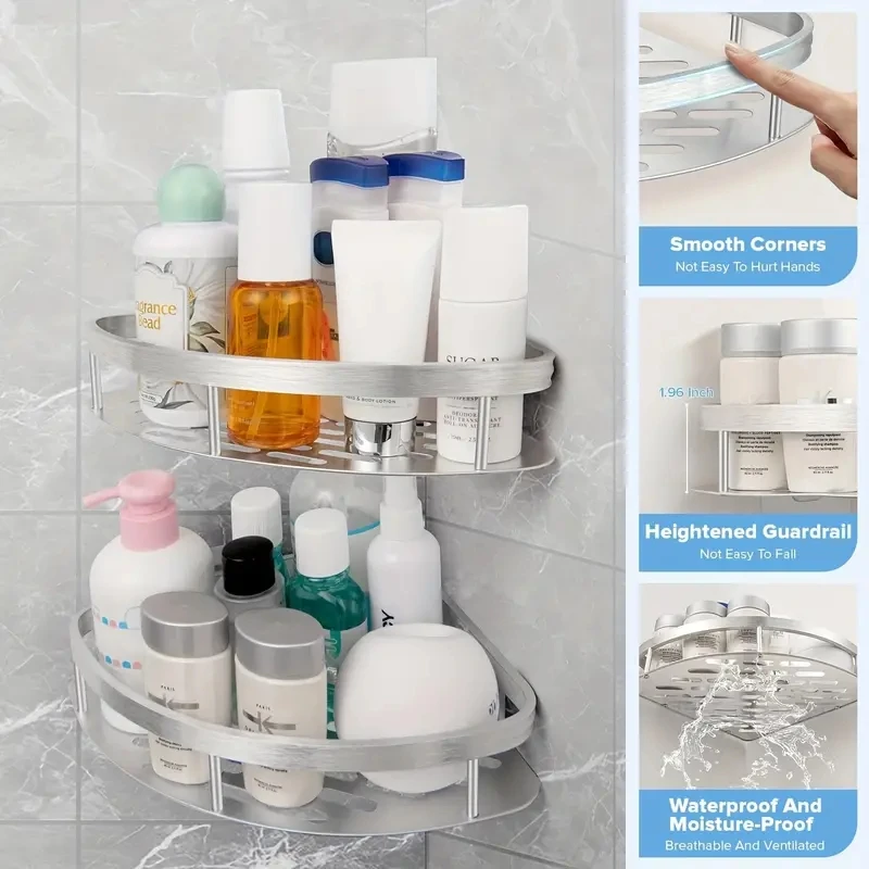 ห้องน้ําชั้นวางอลูมิเนียมแชมพูRackแต่งหน้าOrganizerชั้นวางของห้องน้ําอุปกรณ์เสริมไม่มีเจาะชั้นวางมุมผนัง