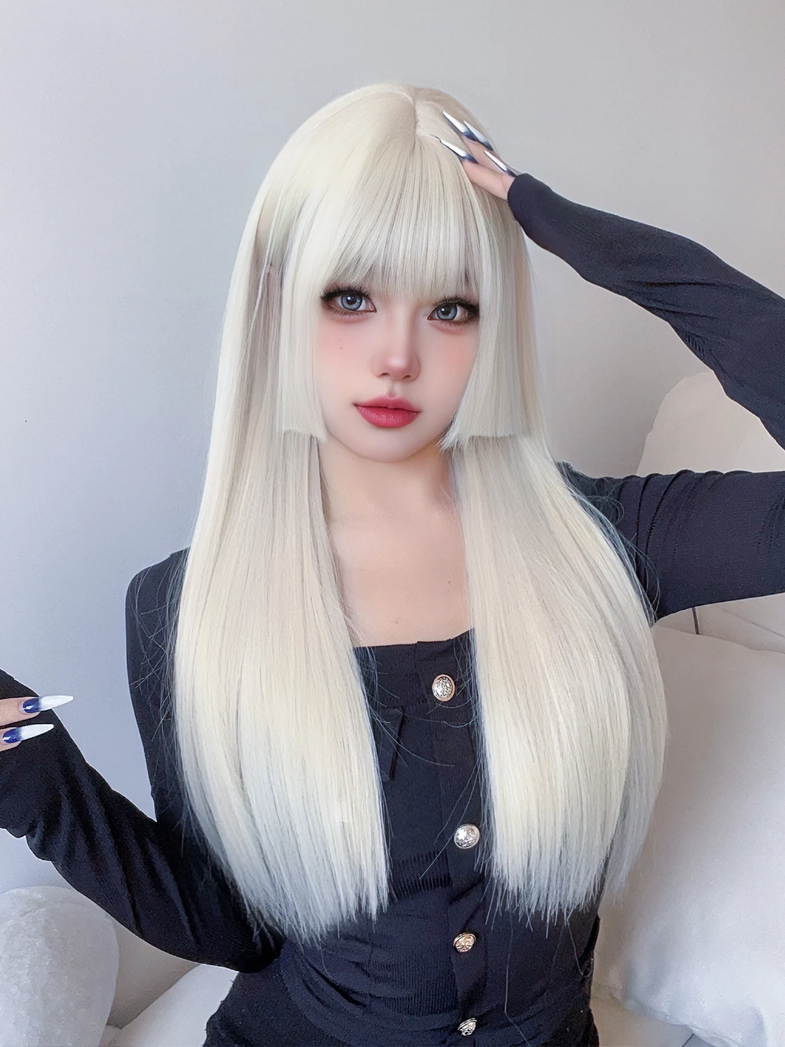 Lolita-Peluca de cabello sintético para mujer, cabellera artificial con flequillo largo y liso, color blanco y Rubio, 26 pulgadas, resistente al calor