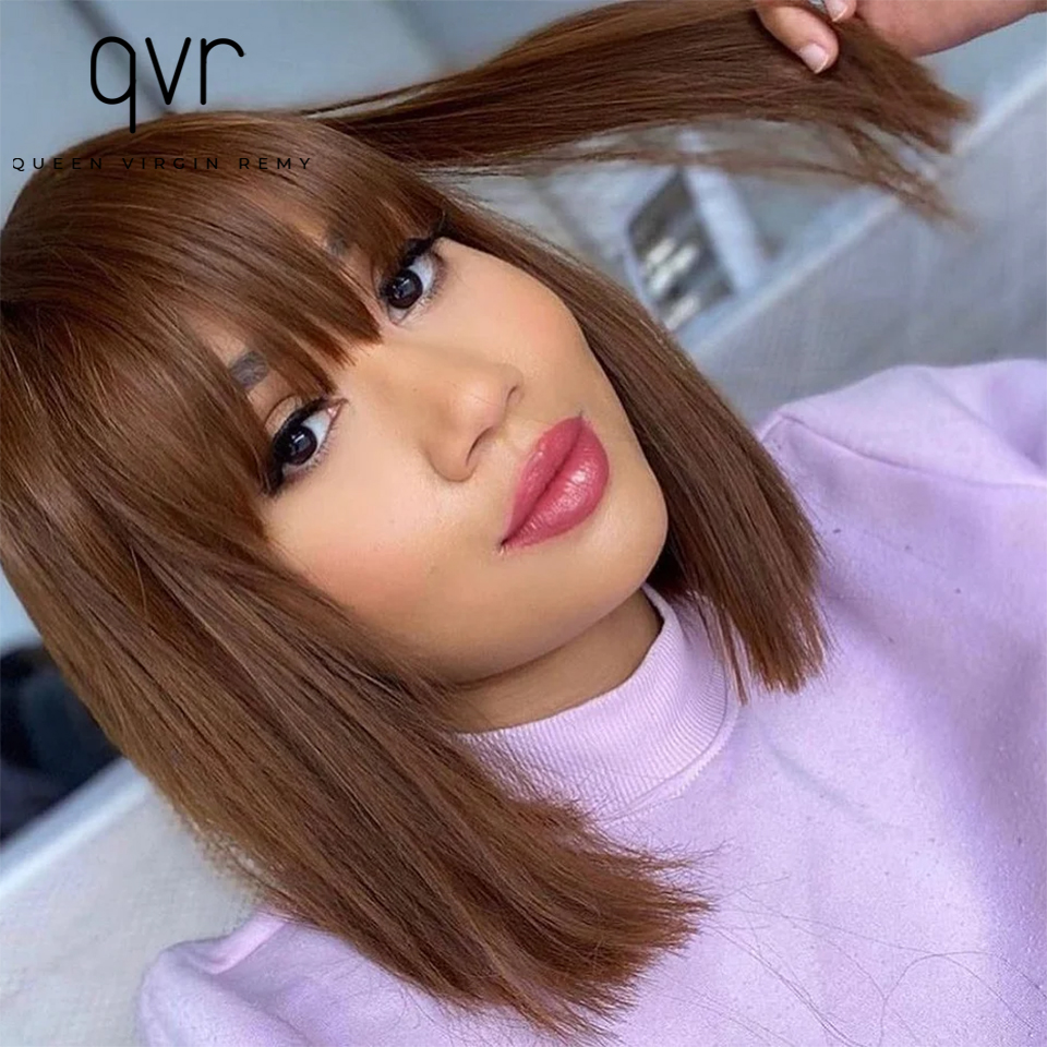 QVR 180 ความหนาแน่นเต็มรูปแบบวิกผมไฮไลท์สีน้ําตาลสีกระดูกตรงผมมนุษย์ BOB วิกผม QVR มนุษย์ผม Bangs สําหรับผู้หญิง