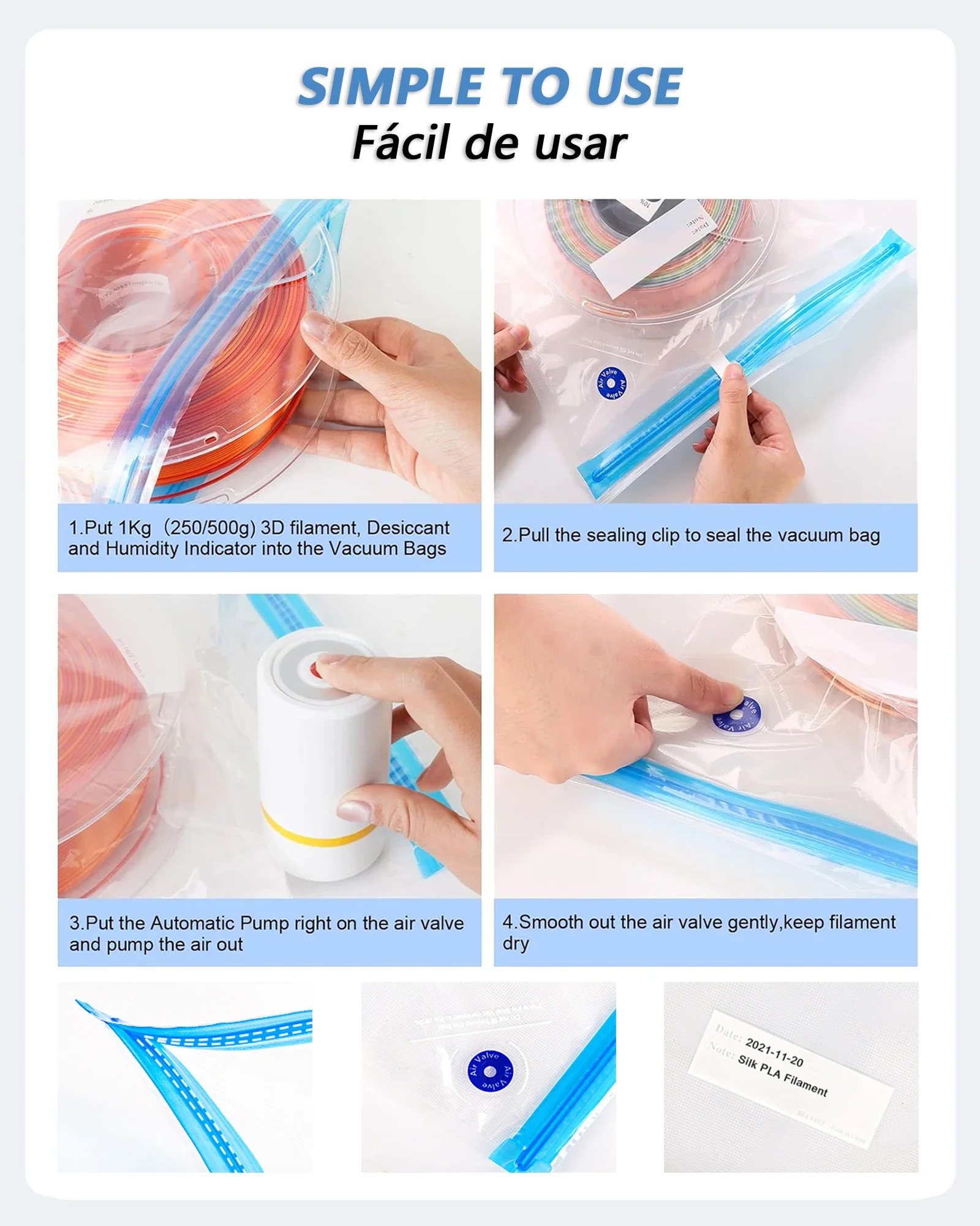 Saco de vácuo de filamento de impressora 3D com bomba de ar elétrica recarregável USB, vedação a vácuo para armazenamento de filamento PLA ABS PETG