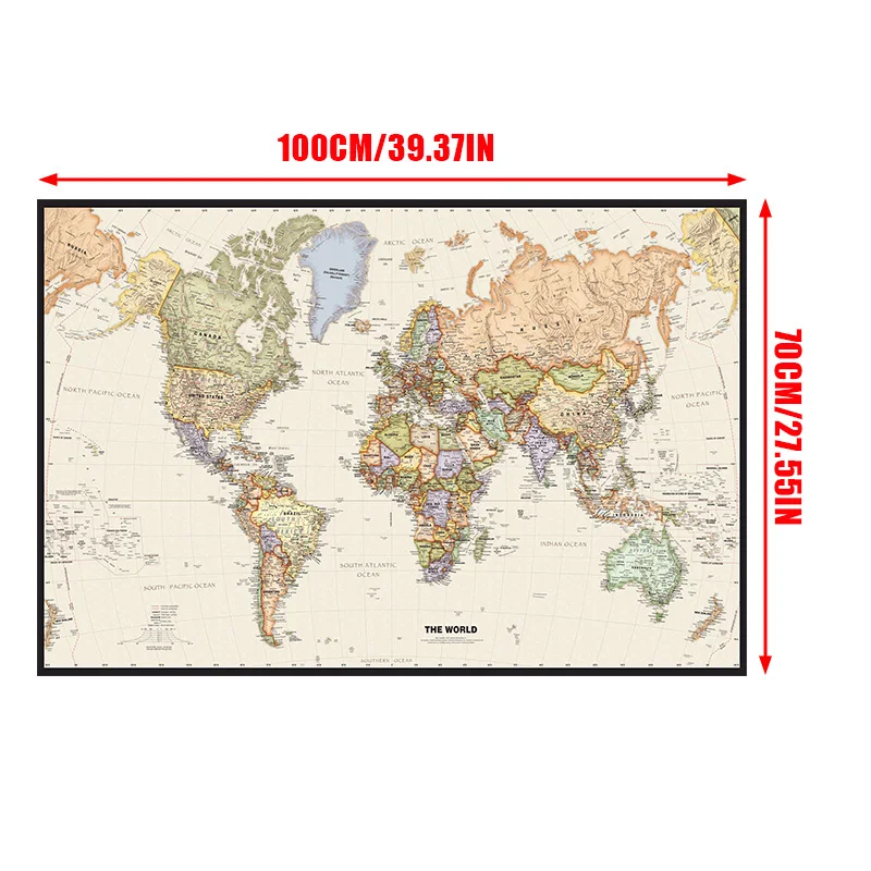 Mapa del mundo colgante de tela de 100x70cm, fondo decorativo no tejido, póster, tela, decoración para sala de estar, aula y oficina en inglés