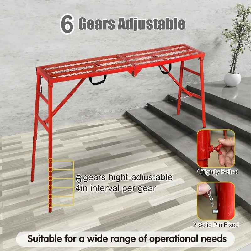 Scaffolding Platform 70(L) X15(W) X33(H) 770 Lbs Capacity Portable Adjustable Work Platform Scaffolding Ladder for Stairs,Red