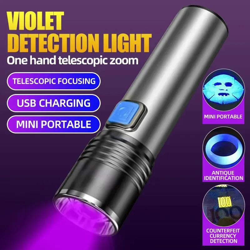 Linterna UV recargable por USB para detección de orina de mascotas, linterna UV curada de resina de 395nm, Zoom de luz negra