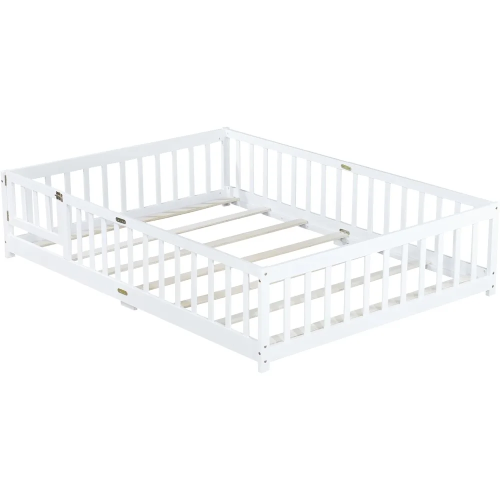 Full Size Floor Bed with Fence and Door, Rubber Wood Floor Bed w/Safety Guardrails/Near The Ground, Easy to Assemble & No Box Sp