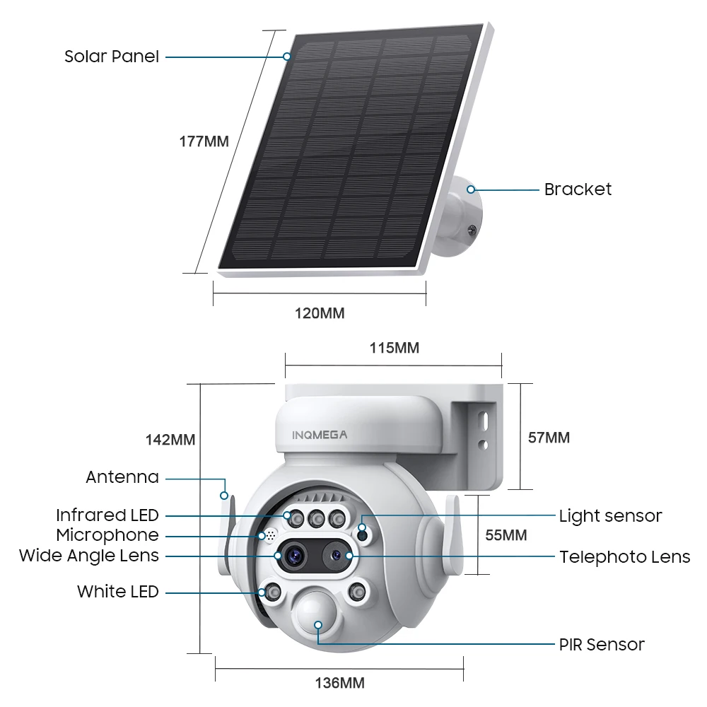 INQMEGA 8MP 12X Solar Camera Outdoor Security Camera 7800mAh Rechargeable Battery 5W Solar Panel PIR Human Detection PTZ Camera
