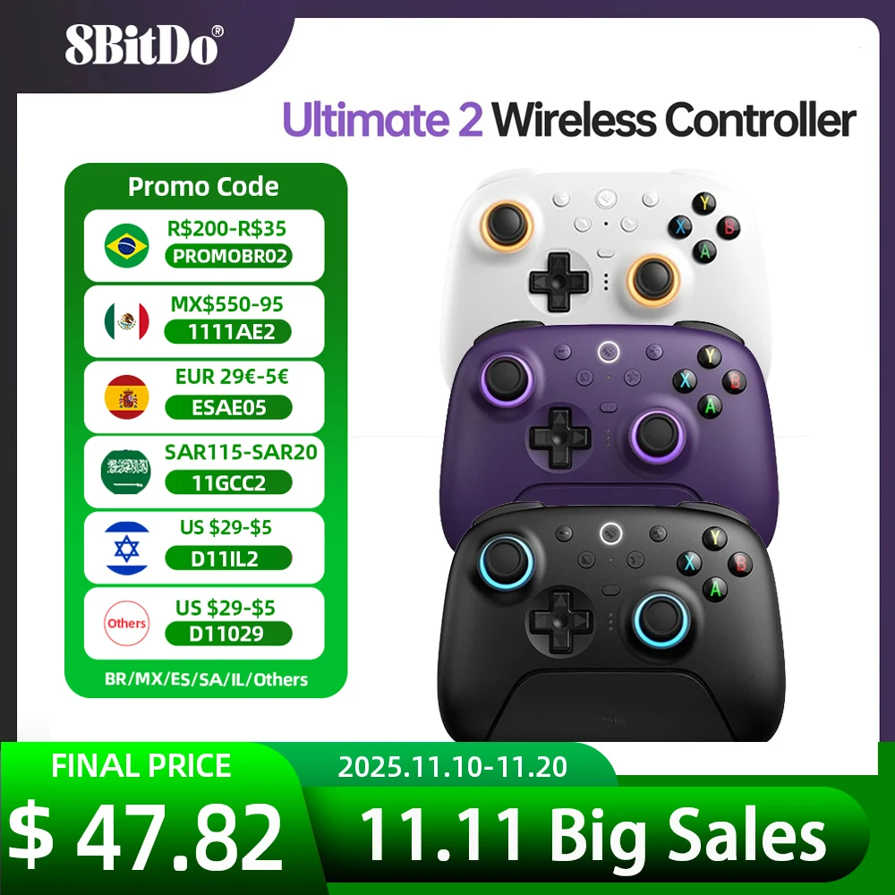 Controlador de juego inalámbrico 8BitDo Ultimate 2 para PC y Android con joysticks TMR, disparadores conmutables, control de movimiento, 8 velocidades