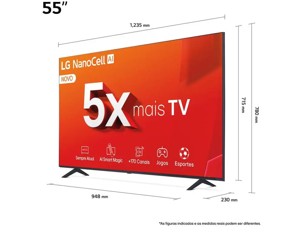 Smart TV 55" 4K LCD LED NanoCel LG 55NANO80TSA AI Processor Wi-Fi e Bluetooth 3 HDMI 2 USB