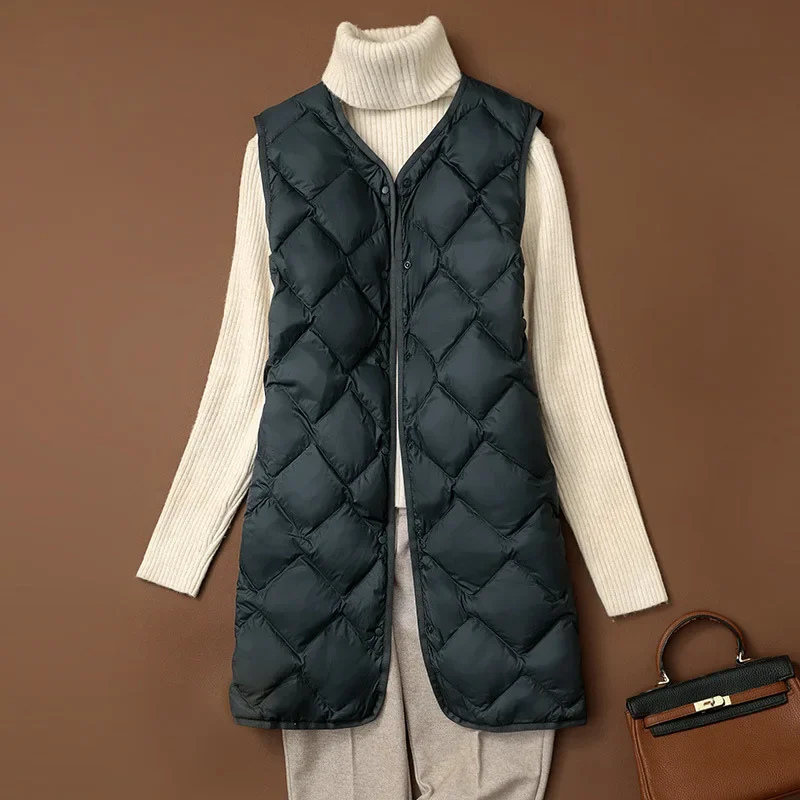 Frauen Ärmellose X-lange Ultra Licht Unten Jacken 2024 Neuheiten Herbst Winter Koreanische Mode V-ausschnitt Liner Weste Unten mäntel 3XL