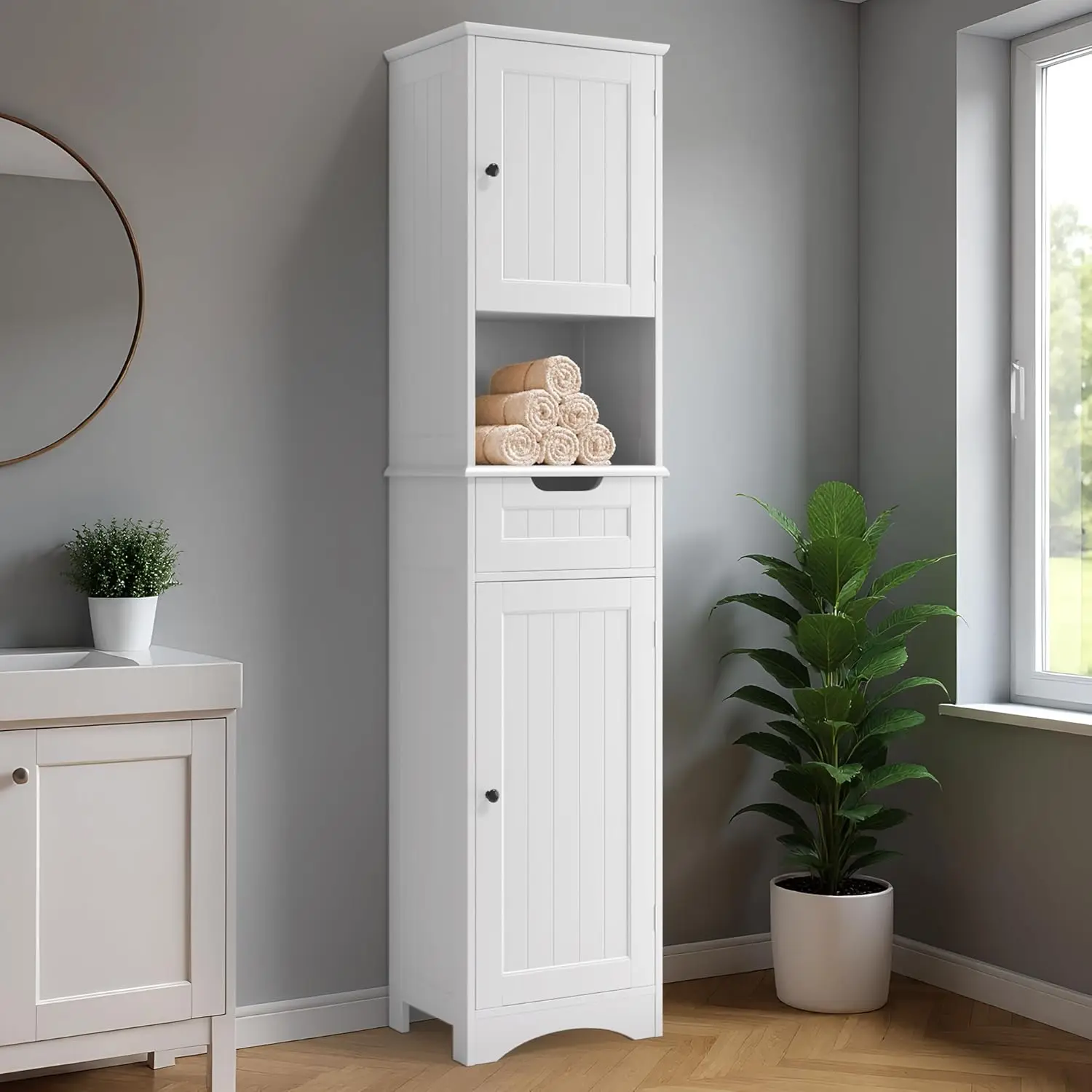 tr, Schublade, offenes Fach, magnetische Türen und Kippsicherung – 170 x 40 x 30 cm (weiß)