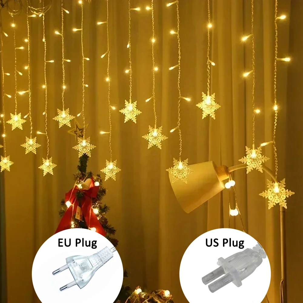 Światełka choinkowe LED w kształcie płatków śniegu, lampki dekoracyjne, 8 trybów, EU 220V US 110V, lampki świąteczne, dekoracja pokoju, kurtyna świetlna LED