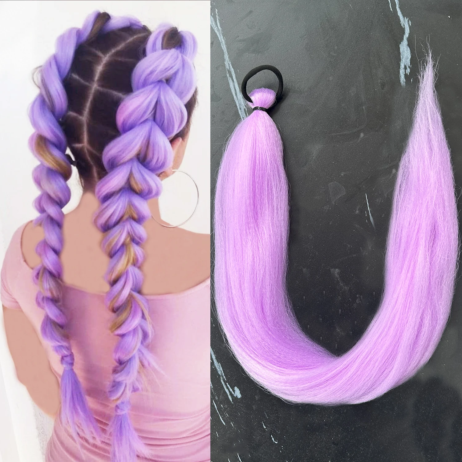 ผมหางม้าตรงยาว 28 นิ้ว สีม่วง แบบถักเปีย DIY พร้อมยางรัดผม อุปกรณ์เสริมผมสำหรับผู้หญิงในวันฮาโลวีน