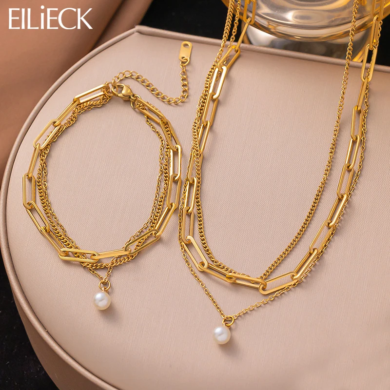 EILIECK 316L gelang kalung bandul mutiara baja tahan karat untuk wanita Set kalung bandul warna emas rantai tahan air perhiasan
