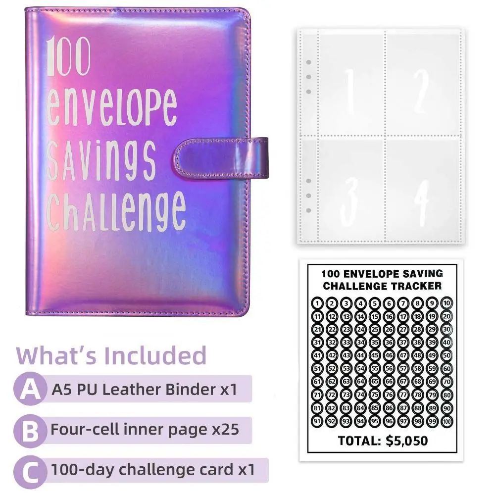 A5 ขนาด Challenge Budget Binder Envelope หนัง PU 100 ซอง Challenge Notebook ทนทานสีพราว