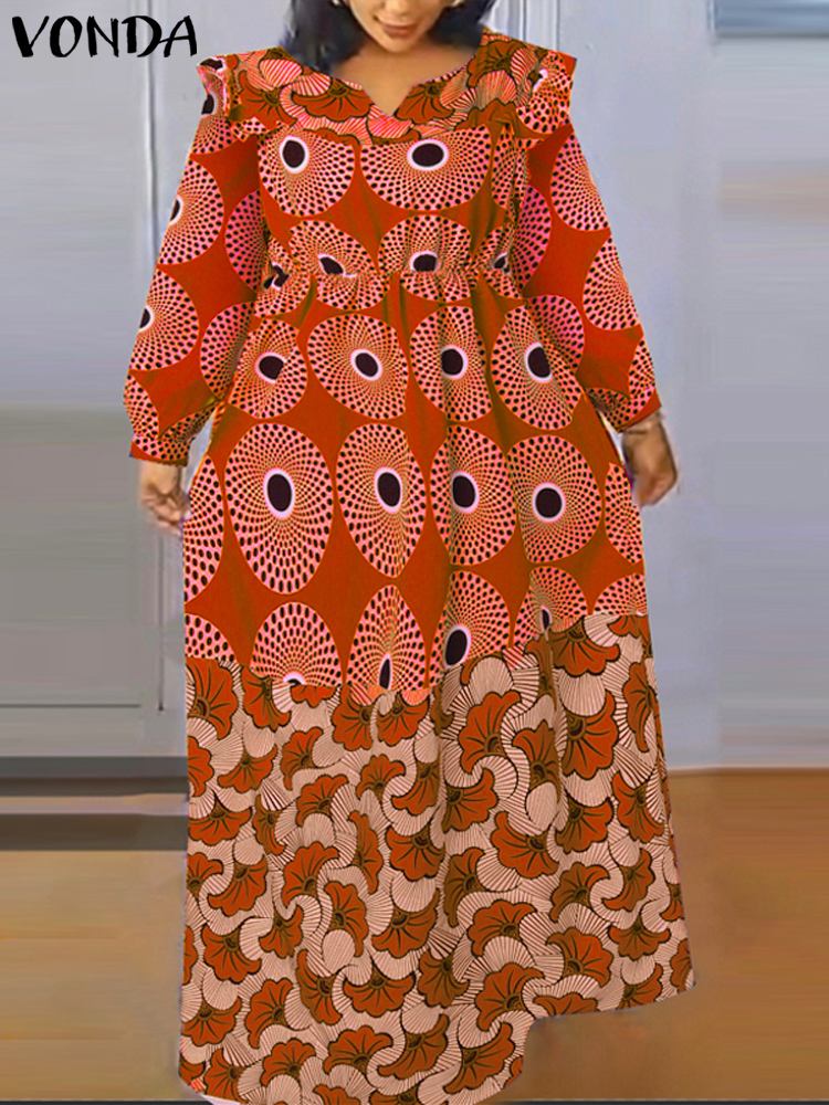 プラスサイズ 5XL VONDA ボヘミアンプリントロングドレス女性ロングランタンスリーブ Vestidos エレガントな V ネックサンドレスホリデーローブファム