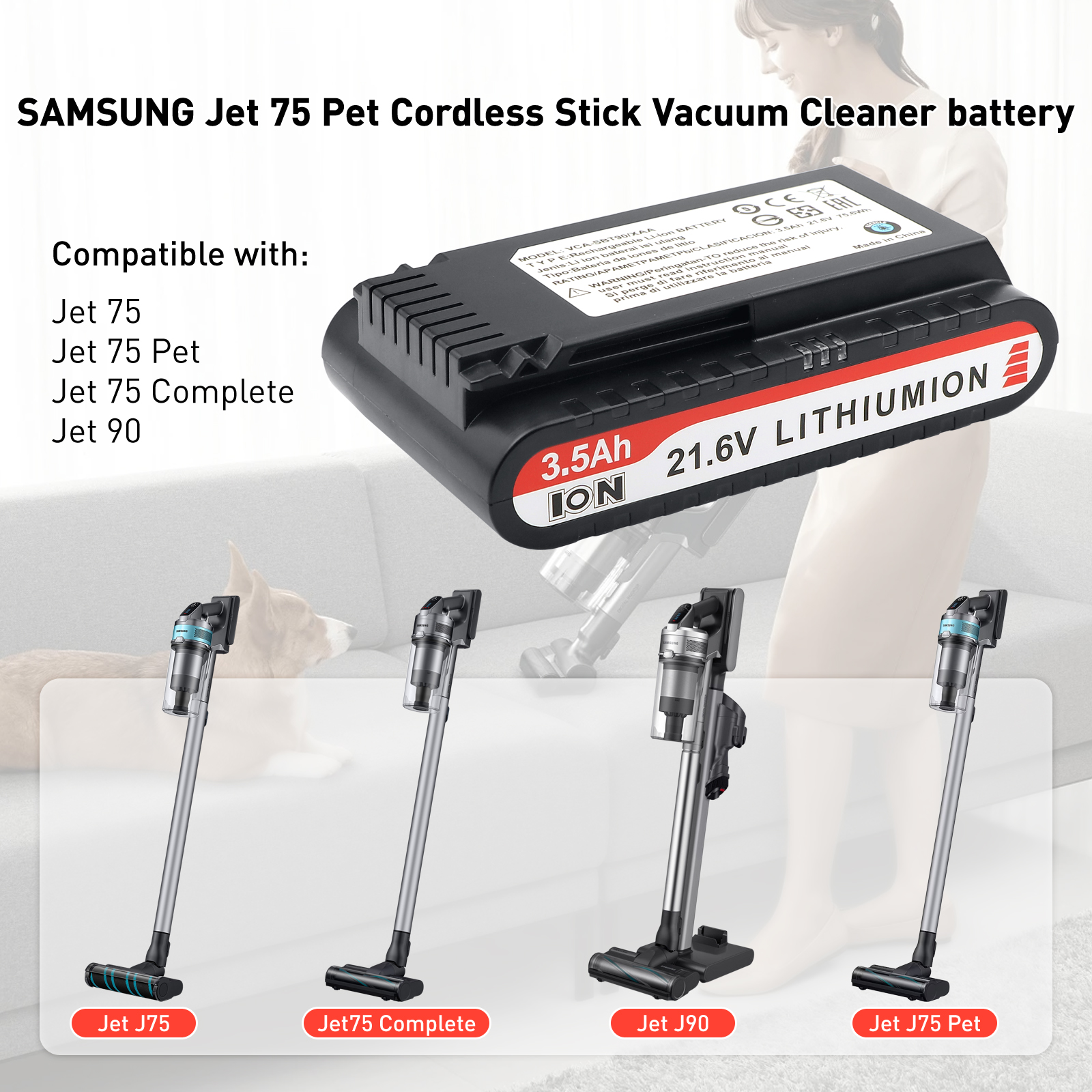 21.6V 3500mAh Replacement Vacuum Cleaner Li-ion Battery for Samsung Jet 90/Jet 75 Pet/Jet 75 Cordless Stick Vacuum VCA-SBT90/XAA