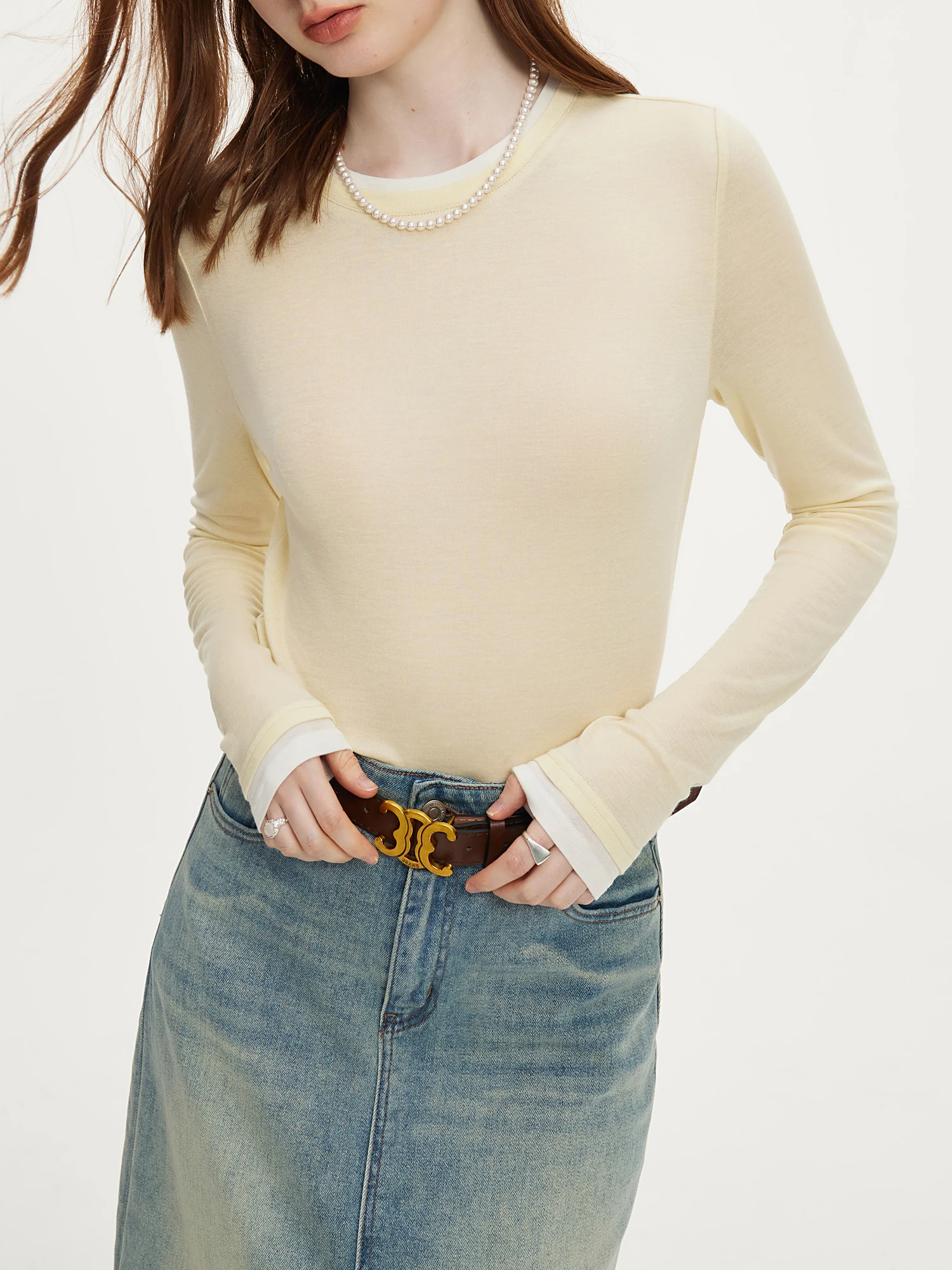 FSLE 19.1% ウール女性長袖トップソフト薄いセーター女性のためのスリム秋オフィスレディプルオーバーウールトップス 24FS13096