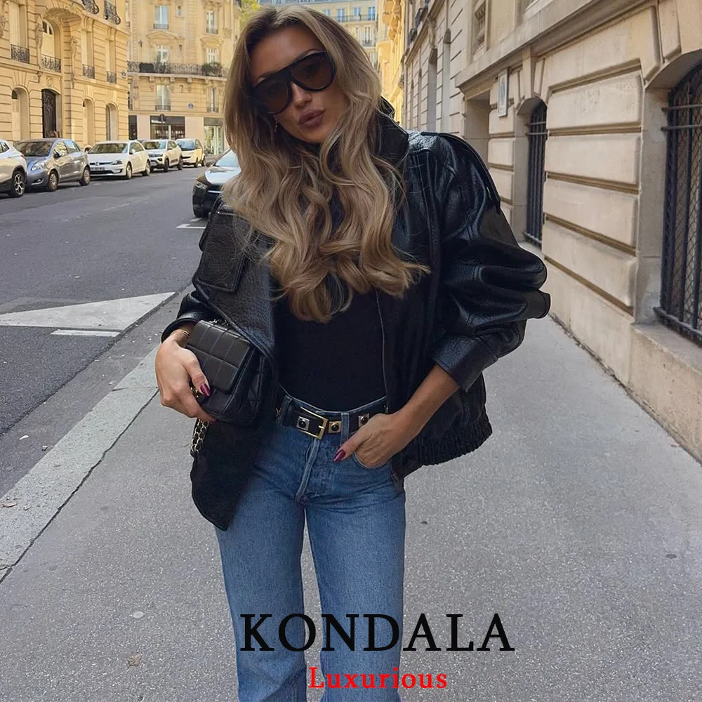 KONDALA Casual Chic Schwarz Leder Jacken Frauen Langarm Tasten Elastische Übergroße Mäntel Mode 2025, Herbst Streetwear Mäntel