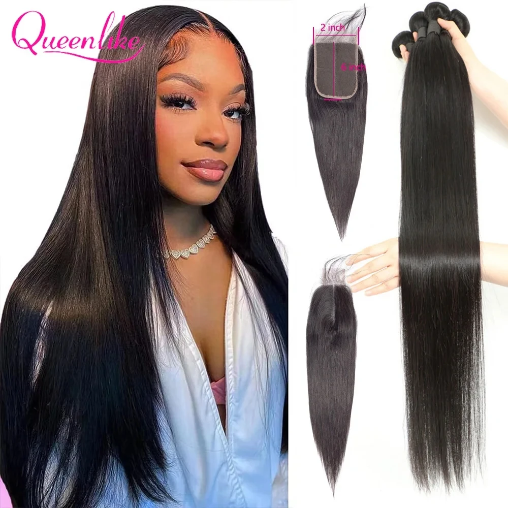 Extensiones de cabello humano liso de 30 36 y 40 pulgadas con cierre, mechones tejidos de cabello crudo brasileño con cierre de parte profunda de 2x6 y mechones