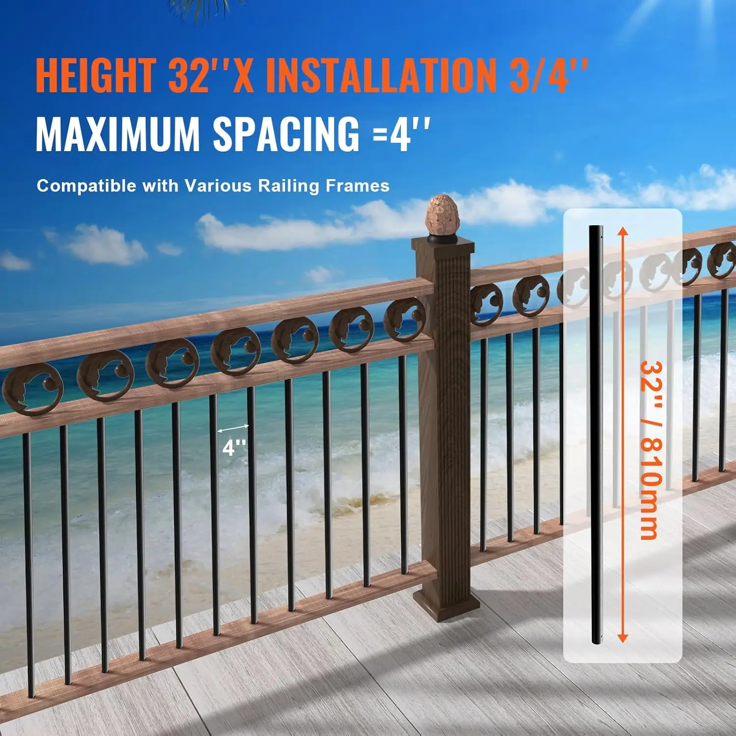 Staircase Metal Balusters, 3/4'' Round x 32'' Long Aluminum Decorative Banister Spindles, 101 Pack Deck Baluster with Screws