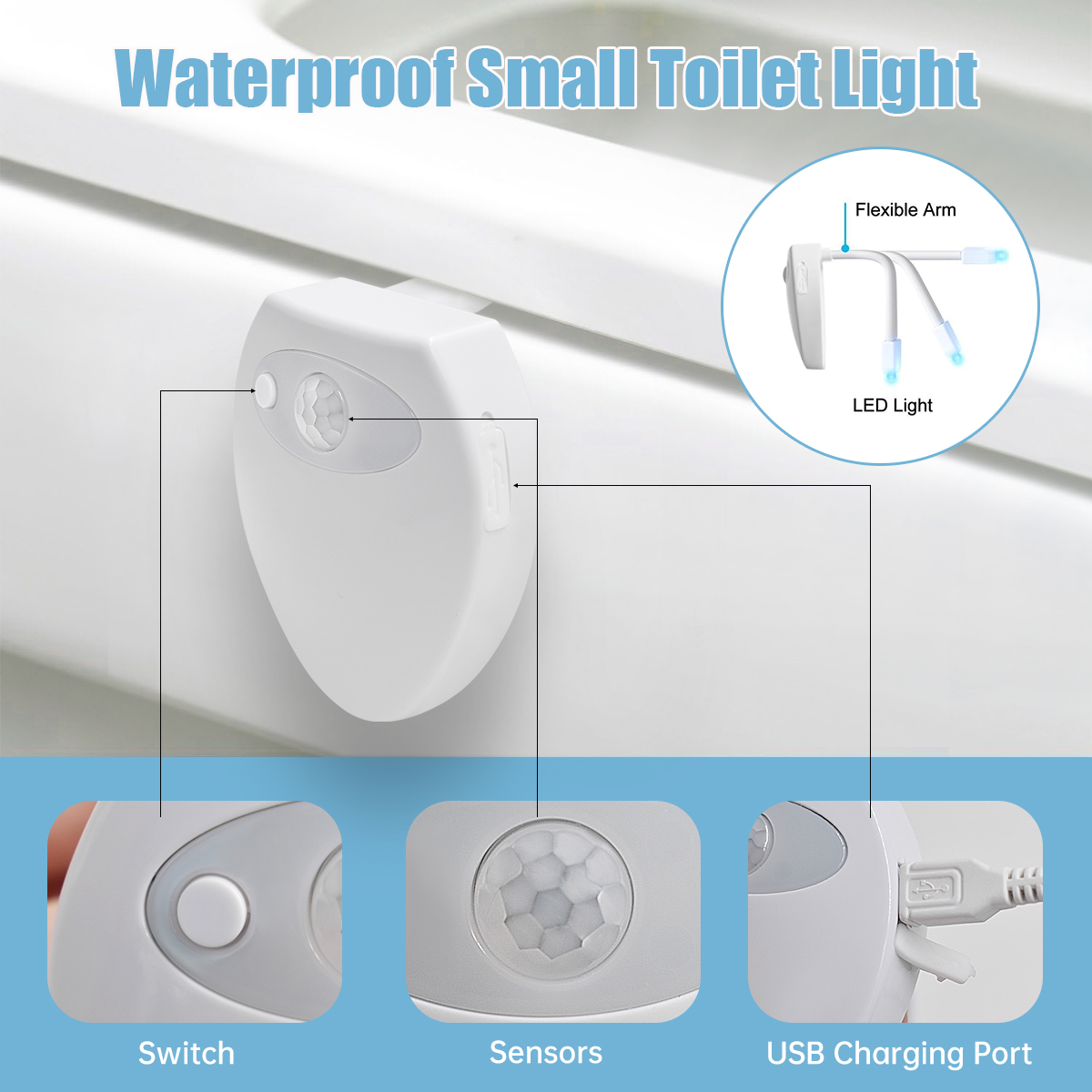 Luz noturna para vaso sanitário com sensor de movimento ativado LED 8 cores mudando vaso sanitário iluminar luz noturna para torneira de água do banheiro