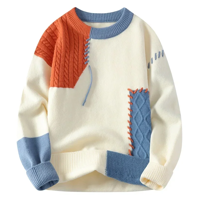 Herren-Strickpullover, Patchwork-Pullover, O-Ausschnitt, Pullover, gespleißt, Langarm-Pullover, leicht dehnbar, Standardwolle, 2024, lässig