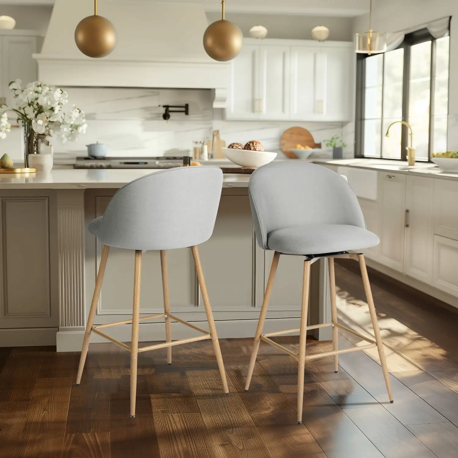 26" Counter Height Bar Stools Set of 2, Swivel Stools for Kitchen Island, Grey