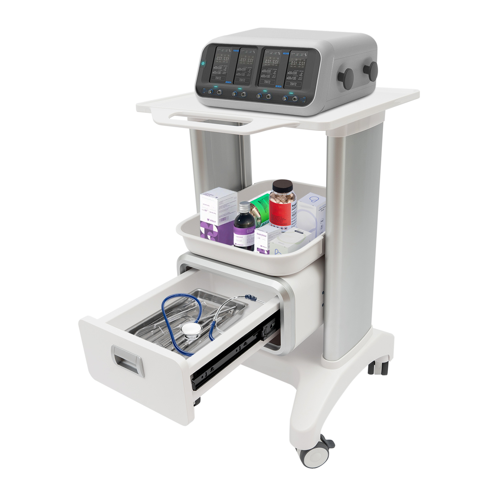 2-stufiger, abnehmbarer Laborwagen für Schönheitsinstrumente, mobiler medizinischer Rollwagen mit ABS-Material für den Krankenhaussalon in der Klinik