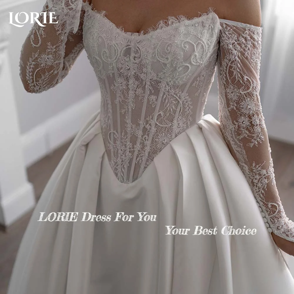 LORIE 레이스 웨딩 원피스, 연인 스플릿 A 라인 신부 가운, 긴팔 맞춤형 아플리케 코르셋 신부 원피스
