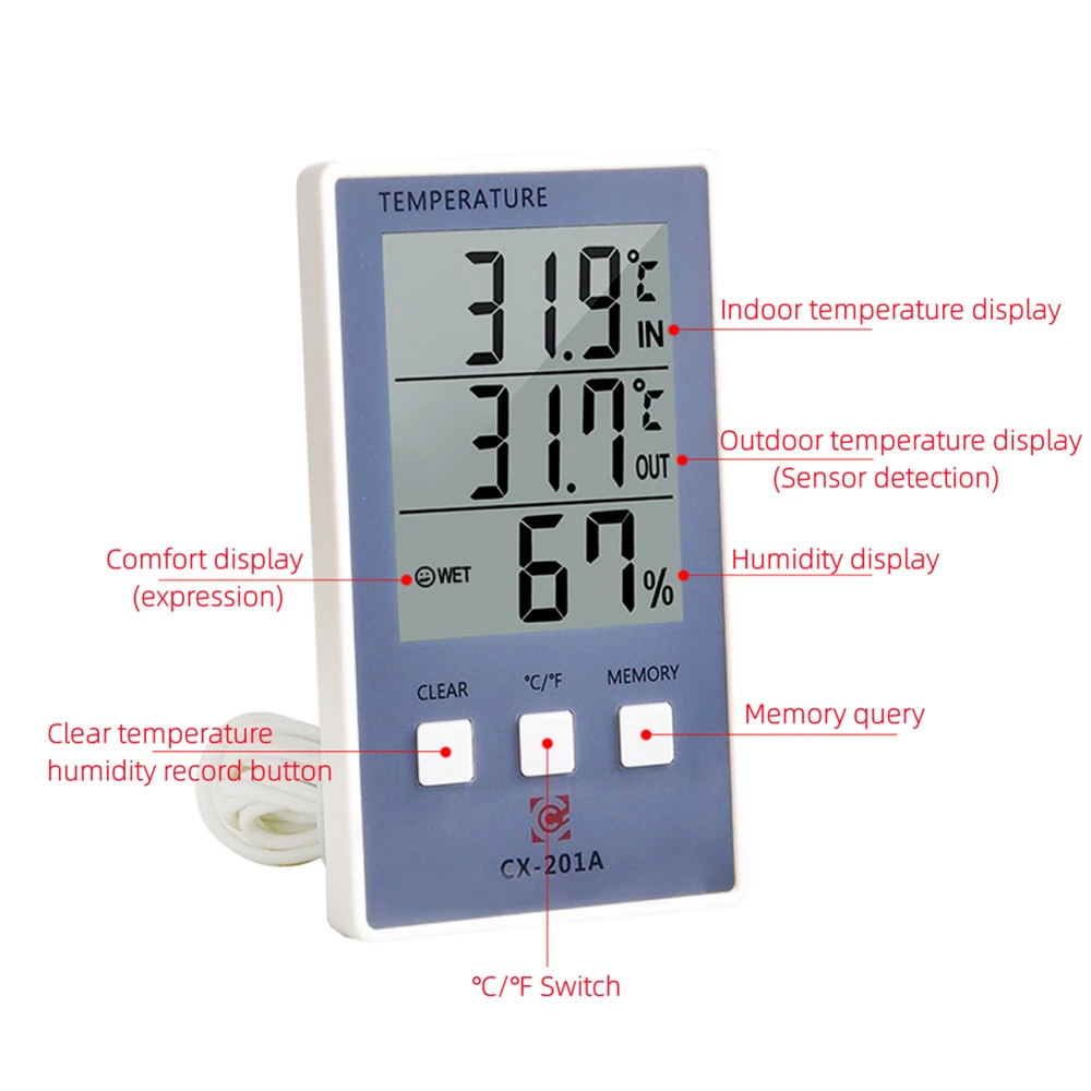 Nhiệt Kế Ẩm Kế Trong Nhà Ngoài Trời Nhiệt Độ Đồng Hồ Đo Độ Ẩm C/F Màn Hình LCD Hiển Thị Đầu Dò Cảm Biến Trạm Thời Tiết