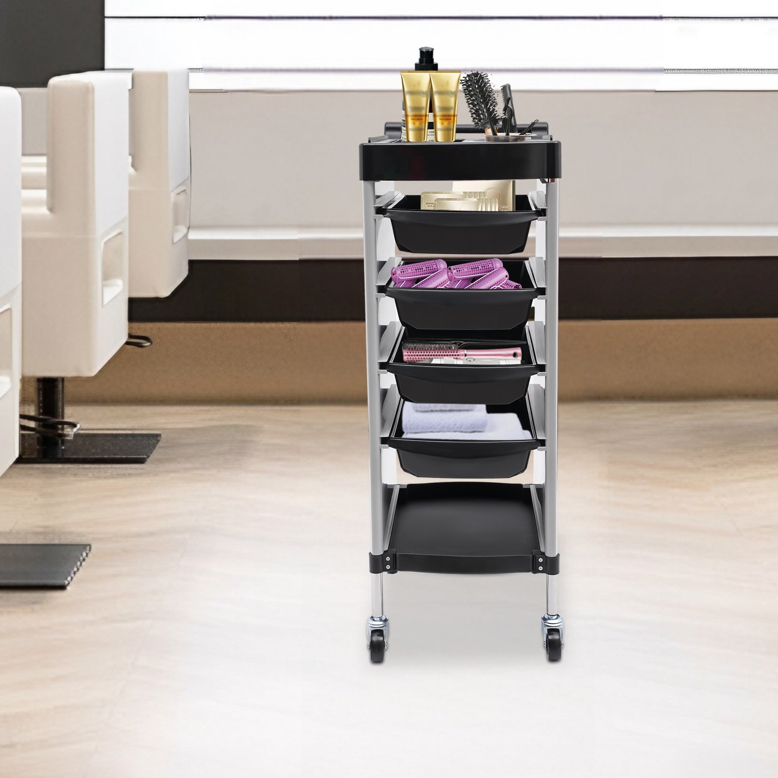 Salon Trolley, PP 6-Tier Drawer-Type Multi-Functional Salon Trolley, Hairdressing Shelf with Wheels  36 * 37 * 85cm