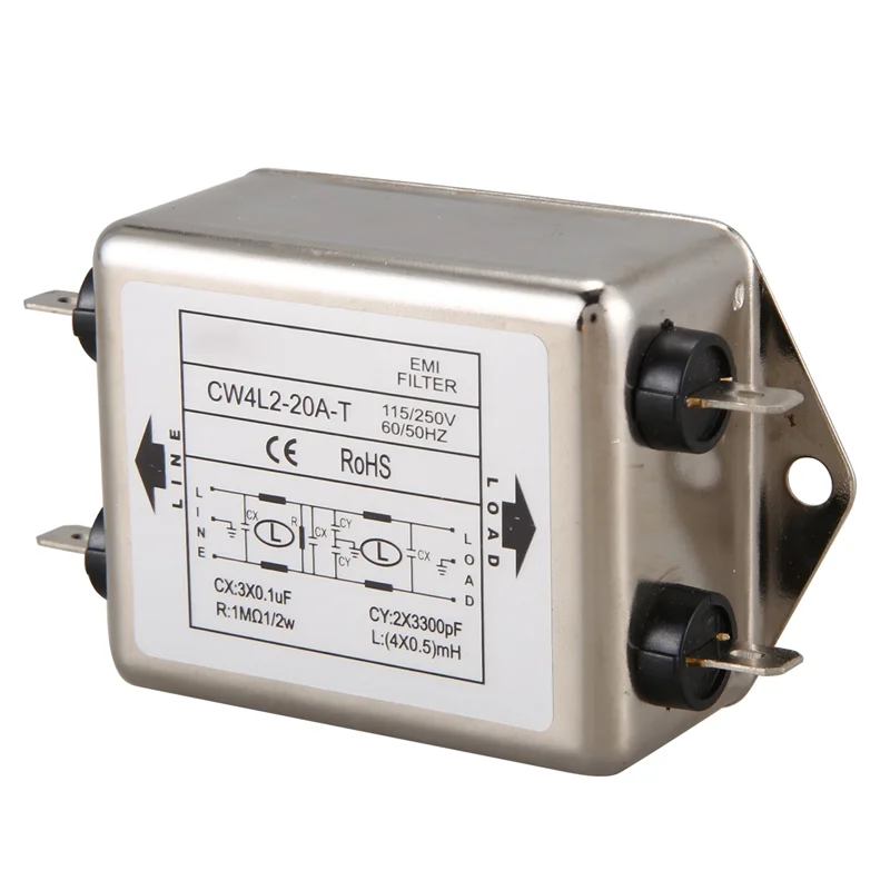 Filter EMI Daya HRBAJ-4X CW4L2-20A-T Fase Tunggal AC 115V / 250V 20A 50/60HZ