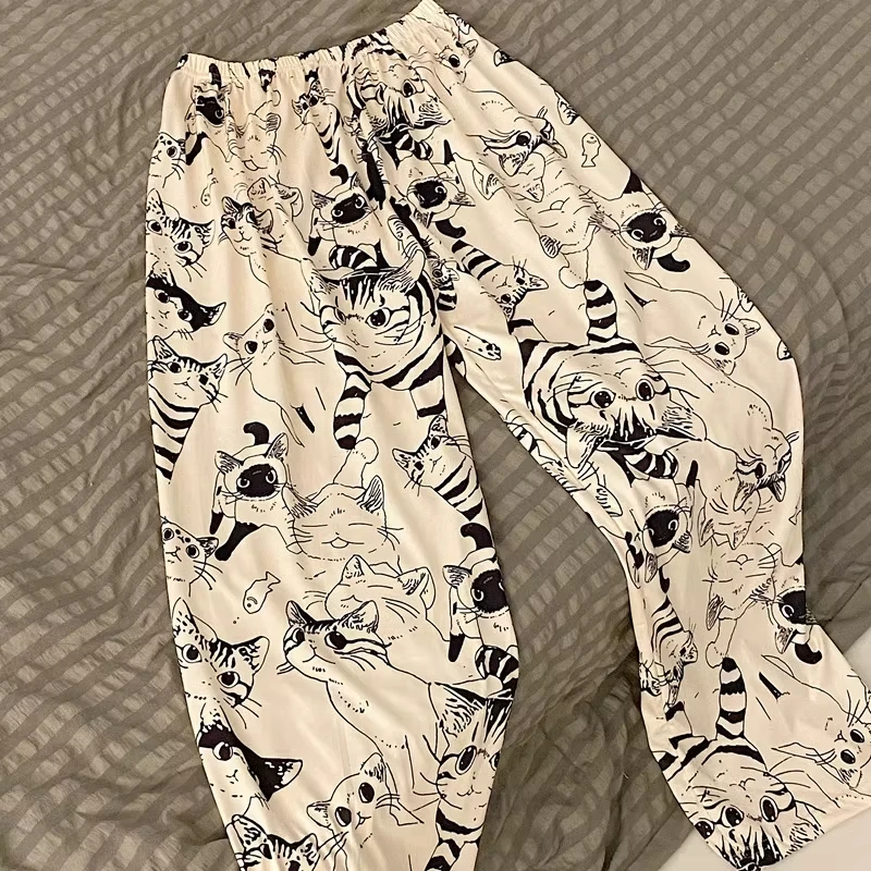 Calças de pijama mulher dos desenhos animados moe gato grande batalha calças de pijama feminino estudante solto calças casuais senhora calças de dormir