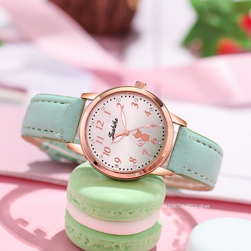 Lässige Kinder süße Katze Uhr einfache Strass Mädchen Armbanduhr Farbverlauf Farbe Leder Quarz Kinder uhr Geschenk Kinder uhren