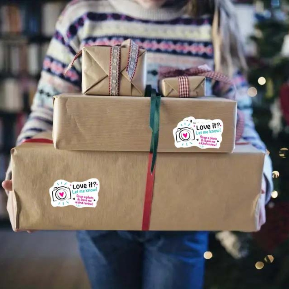 100 個 Love it Let Me Know かわいいカメラデザインステッカー 1.6 インチありがとうステッカーベーカリー手作り中小企業ステッカー