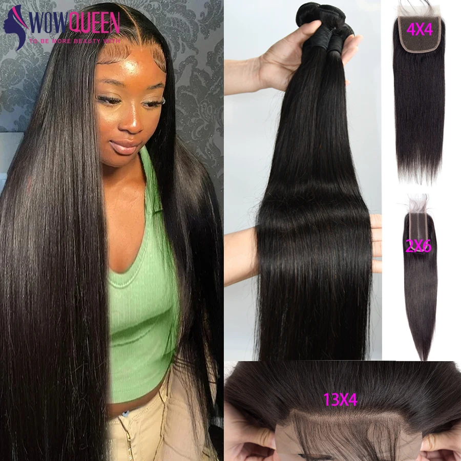 Pacotes de cabelo humano reto com fechamento 2x6 4x4 extensões de cabelo brasileiro cru tecer 3 4 pacotes com 13x4 frontal transparente